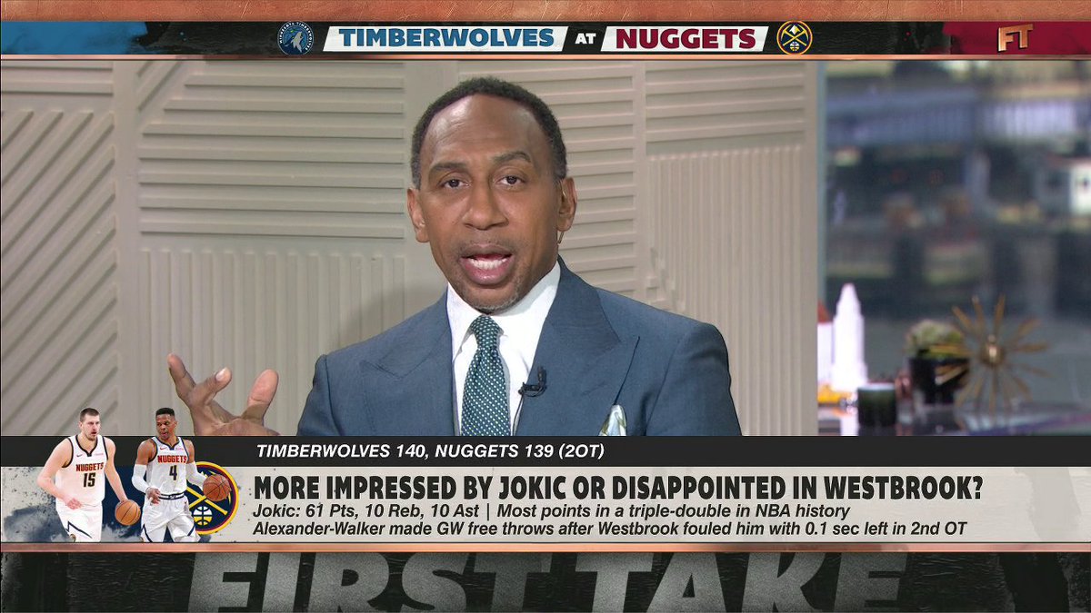 "A 61-point triple-double and you're gonna bring up Westbrook?" 👀 Stephen A Smith says he's more impressed with Nikola Jokić than disappointed in Russell Westbrook after the Nuggets' 2OT loss to the Wolves.
