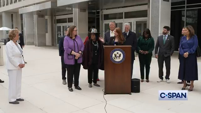 While House Democrats speak outside the Department of Education, Secretary Linda McMahon (Secretary Linda McMahon) comes out to speak with them.