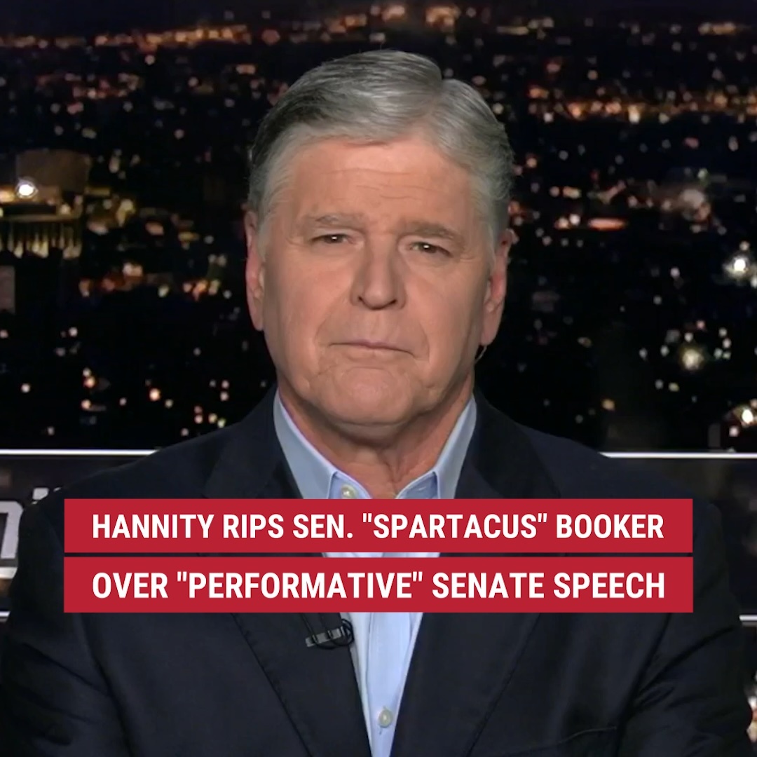 "We haven't seen this much bravery from Cory Booker since he referred to himself as Spartacus." Sean Hannity 🇺🇸 rips Sen. Cory Booker’s (D-NJ) "performative" Senate floor speech, which lasted 25 hours.