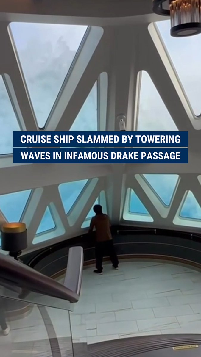 ROCK THE BOAT: A cruise ship was struck by towering waves during its journey through the Drake Passage, known for its rough and unpredictable currents.