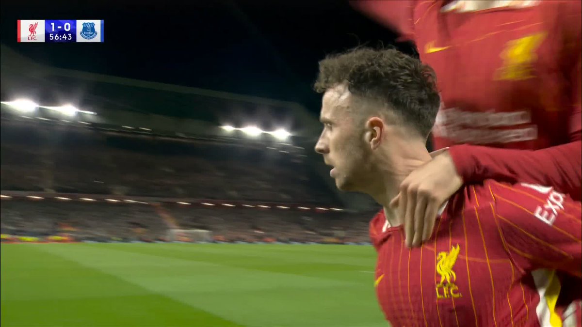 "The Reds BURST through on derby night!" 🎙️ Diogo Jota opens the scoring in the Merseyside derby in front of the Kop! 💥