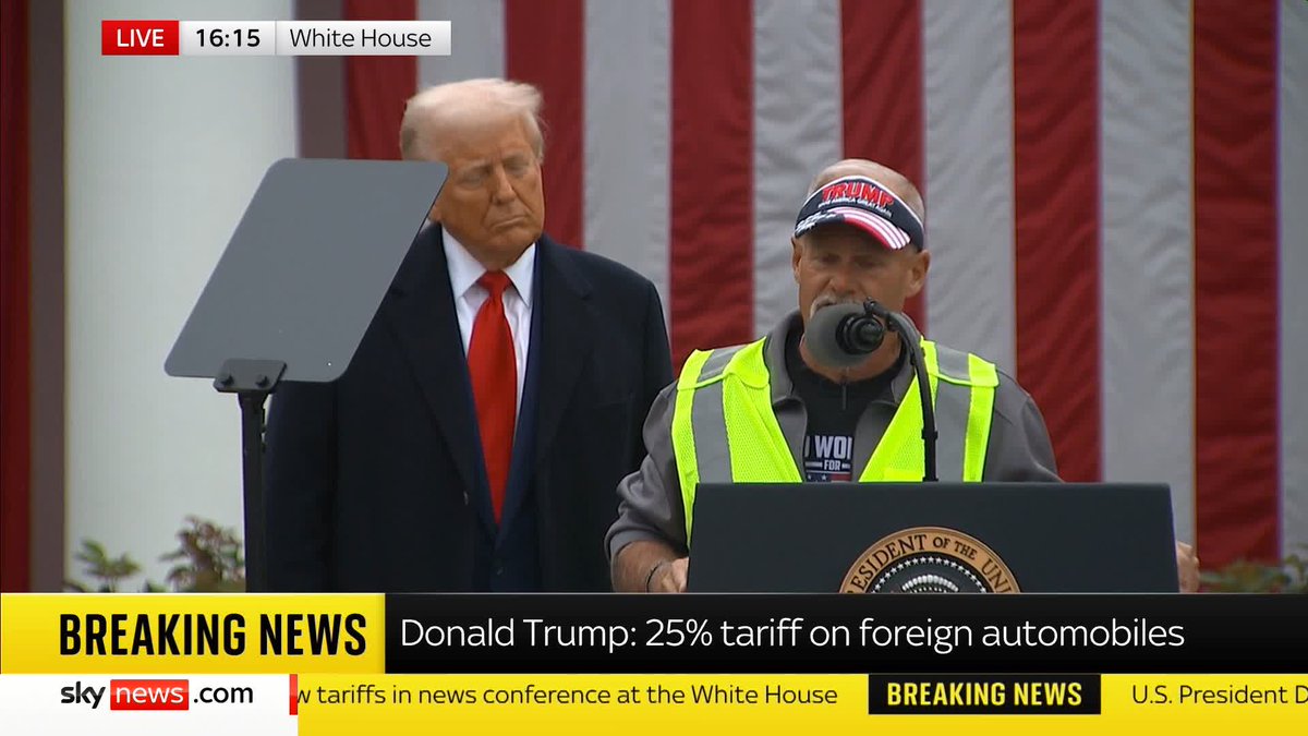 "In six months to a year we are going to begin to see the benefits, I can't wait to see what's happening in three or four years time." Donald Trump invites a UAW worker to the podium to discuss the 25% tariff on foreign automobiles entering the US.