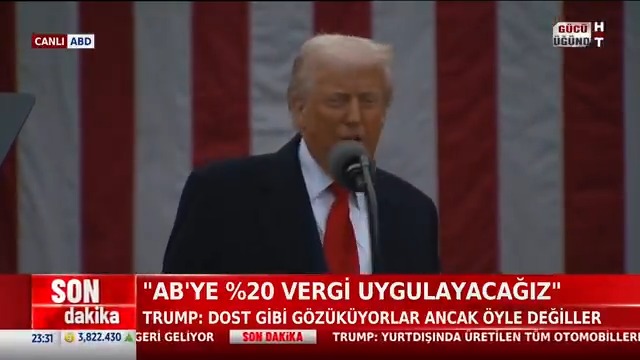 ABD Başkanı Trump: "AB bizi soydu. Avrupa Birliği'ne yüzde 20 vergi uygulaması getiriyoruz. Dost gibi gözüküyorlar ancak öyle değiller. Son 4 yılda çok büyük bedel ödedik artık ödemeyeceğiz."