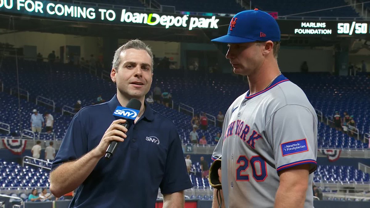 "I'll see you guys at home. Be there or be square!" Pete Alonso talks with Steve Gelbs after his huge day in the Mets' 6-5 extra-inning win over the Marlins:
