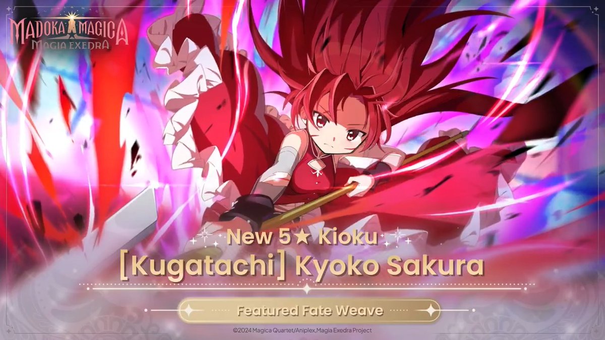 ✨️Coming Soon✨️ 5★ Kyoko Sakura arrives 4/4 (Fri) 12:00 (UTC+9)! "I'm only stickin' with her 'cause that's my choice." ◆Featured Fate Weave Availability Period◆ 4/4 12:00 ~ 4/14 11:59 (UTC+9) #madoka_exedra #PuellaMagiMadokaMagica