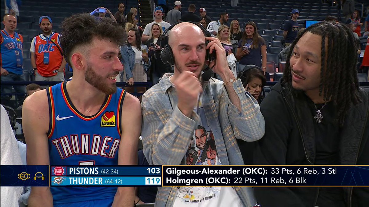 "I'm the freest I've ever been Scott." Scott Van Pelt had Chet Holmgren pass the headset to Alex Caruso to ask about his haircut 😂
