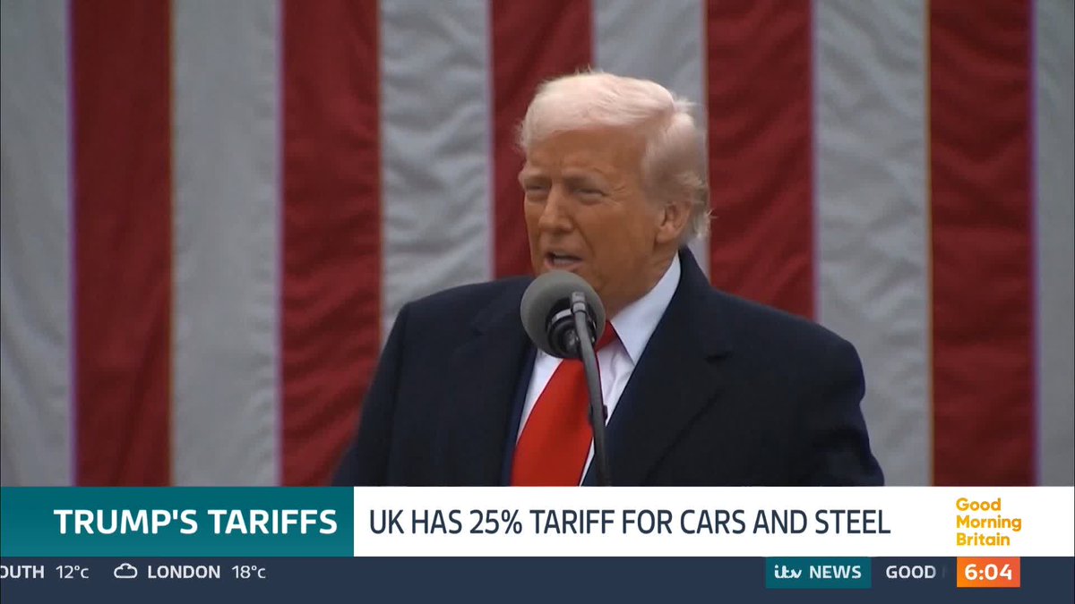 Donald Trump has imposed 10% tariffs on UK exports to America, with a 25% charge on cars coming into effect this morning. The US president hit countries around the world with trade levies, sending stock markets into turmoil overnight. @louisajamesitv reports.