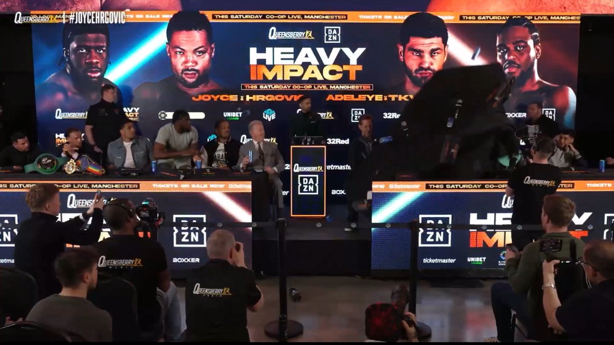 ‼️ Jeamie TKV flips the table as tempers flare between him and David Adeleye at the press conference ahead of their British heavyweight title clash this Saturday. [ 🎥 Queensberry Promotions]