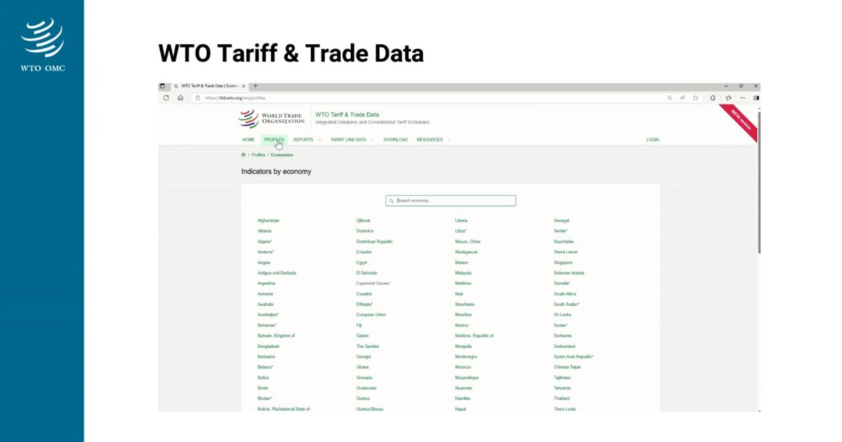 WTO Tariff &amp; Trade Data is your one-stop shop for tariff and import information on more than 150 economies. Visit the platform, in beta phase, here: