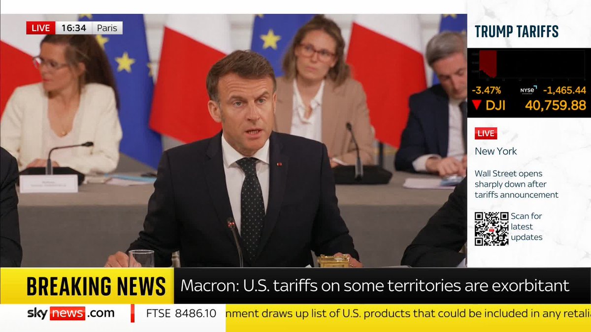 BREAKING: French president, Emmanuel Macron says if Europeans work together in their response to Washington, they will "succeed in dismantling US tariffs" JayneSeckerSky has the latest... Trump tariffs latest ➡️ 📺 Sky 501 and YouTube