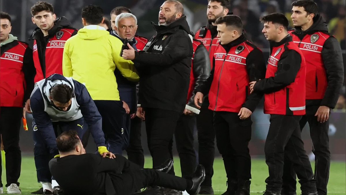 Jose Mourinho appeared to pinch opposition manager Okan Buruk's nose amid wild scenes at the end of Fenerbahce's 2-1 Turkish Cup defeat against rivals Galatasaray.
