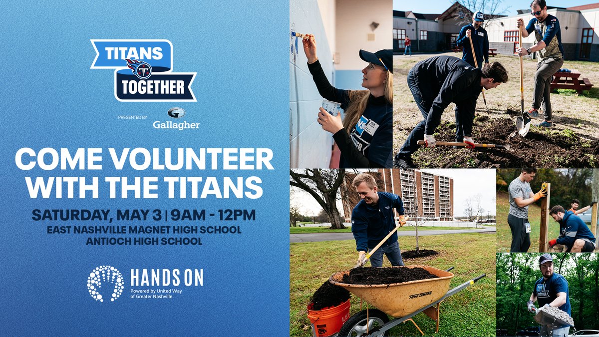 Titans fans, come volunteer with us in our community! Join us on Saturday May 3rd for a Titans Together presented by Gallagher service project at East Nashville Magnet High School and Antioch High School #ONECommunity Sign up »