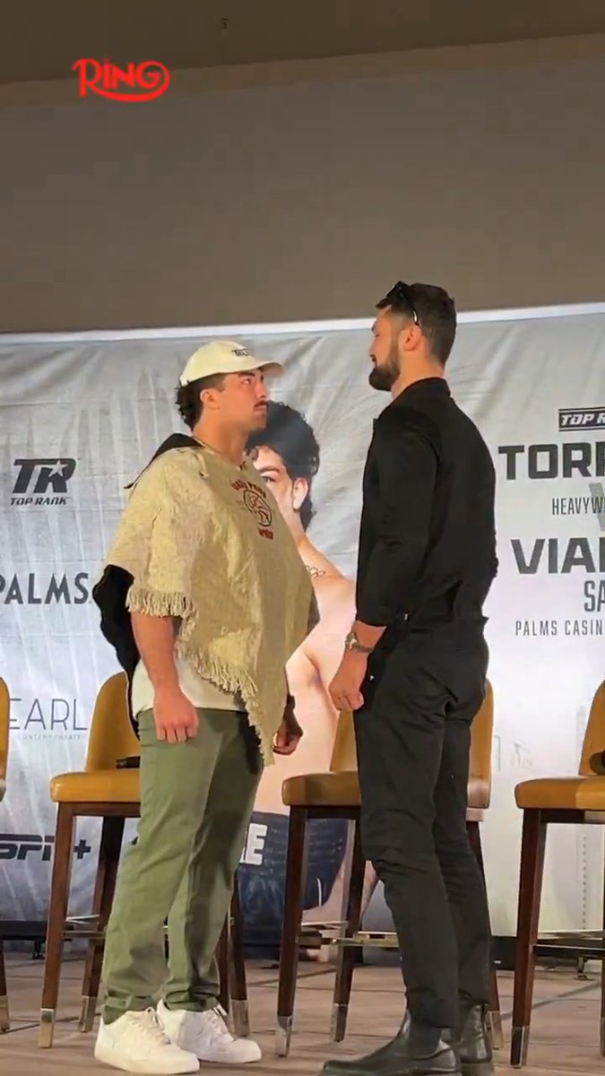 Richard Torrez Jr and Guido Vianello face-off at today’s press conference ahead of their heavyweight clash on Saturday night in Las Vegas.