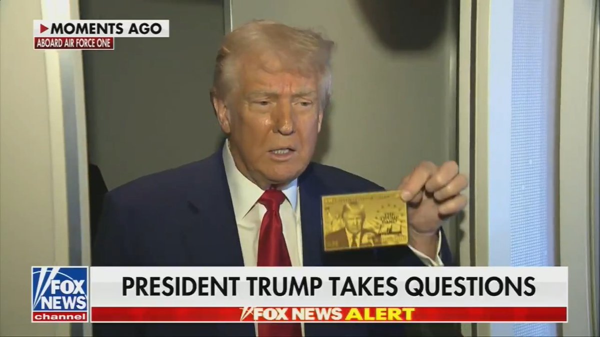 President Trump holds up a Monopoly-esque gold card, which would give foreigners a pathway to citizenship: Trump: “For $5 million, this could be yours.” Reporter: “Who’s the first buyer?” Trump: “Me.”