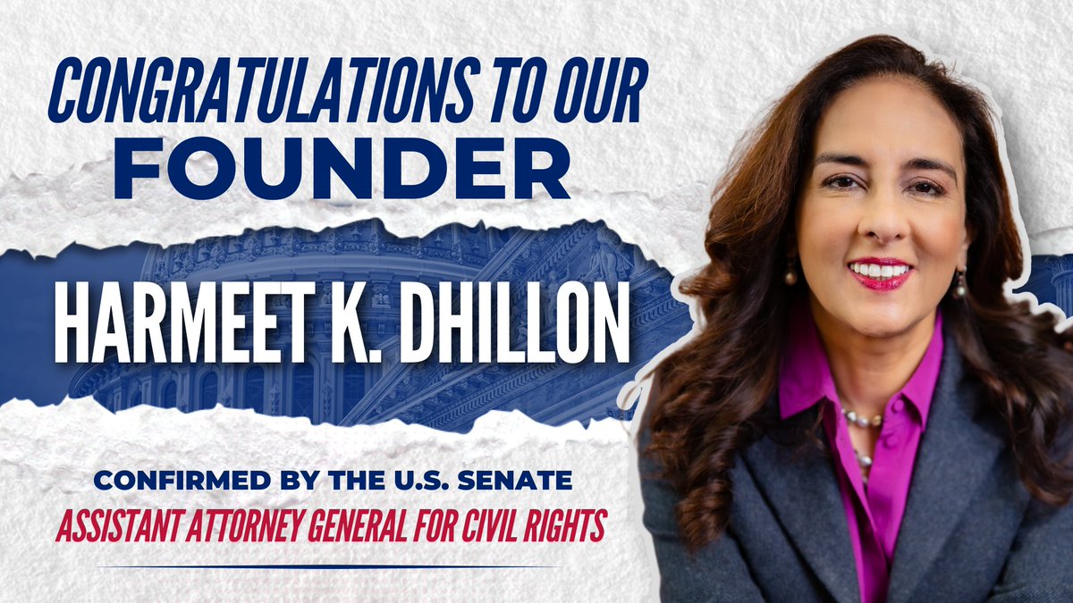 CONFIRMED! Congratulations to Harmeet K. Dhillon on her new role as Assistant Attorney General for Civil Rights! Here’s a thank you from some of the people Harmeet has supported through her work at the Center for American Liberty👏