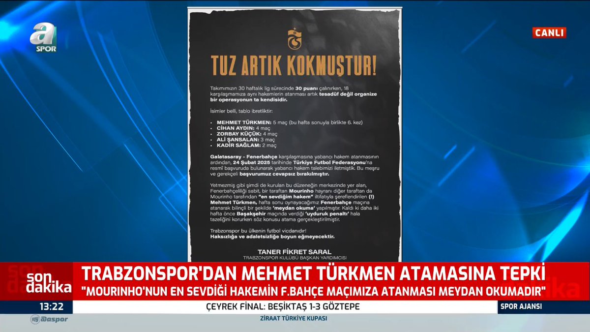 ❝TUZ ARTIK KOKMUŞTUR!❞ 💥 Trabzonspor: Jose Mourinho tarafından ❝en sevdiğim hakem❞ iltifatıyla şereflendirilen (!) Mehmet Türkmen, hafta sonu oynayacağımız Fenerbahçe maçına atanarak bilinçli bir şekilde ❝meydan okuma❞ yapılmıştır.