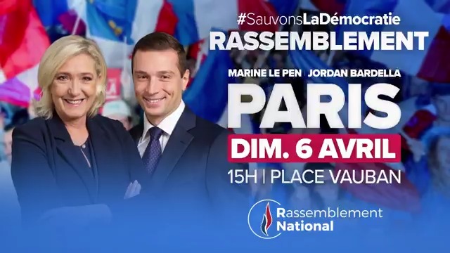 🇫🇷 Peuple de France, mobilisons-nous pour défendre la liberté, sauver la démocratie et soutenir Marine ! Rendez-vous ce dimanche 6 avril à 15h, place Vauban à Paris, pour notre grand rassemblement populaire ! #SauvonsLaDémocratie – #JeSoutiensMarine