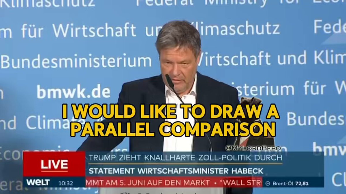 TARIFFS: German Minister of Trade Habeck is calling US tariffs equivalent to Russia’s war on Ukraine and is calling for an equal response from Germany to the US as it has delivered to Putin.