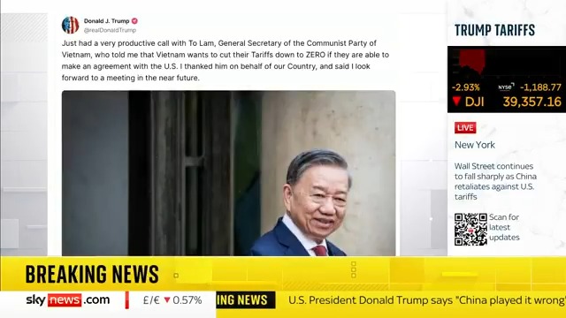 BREAKING: President Trump has posted on social media regarding a phone call he's just had with the General Secretary of the Communist Party of Vietnam. Sky's Gareth Barlow has the details... Live updates ➡️ 📺 Sky 501 and YouTube