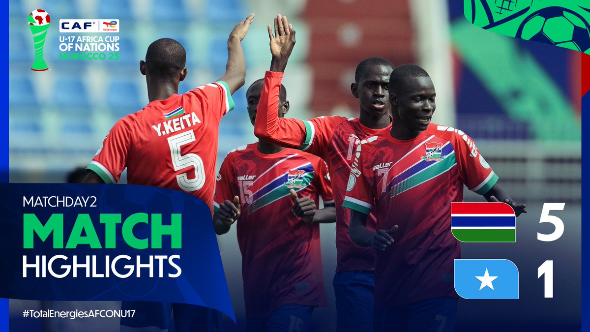 📹 HIGHLIGHTS: 🇬🇲 5-1 🇸🇴 5-star performance from The Gambia as captain Alieu Drammeh hits the net thrice. 👏 #GAMSOM | #TotalEnergiesAFCONU17