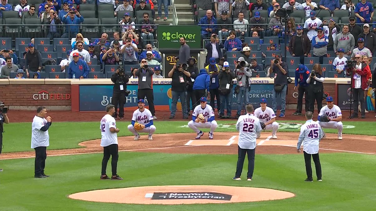 Bartolo Colón, Juan Lagares, Al Leiter and John Franco throw out the first pitch at today's home opener!