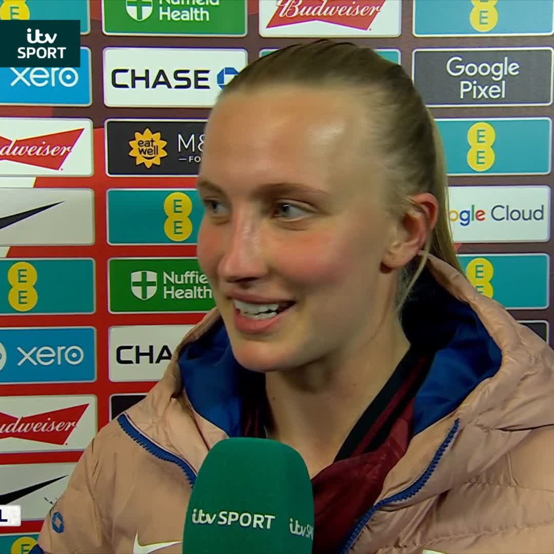 "I think I was more buzzing for Keira" Aggie Beever-Jones catches up with @KatieShanahan3 after scoring her first England goal 👏 #ITVFootball | #Lionesses
