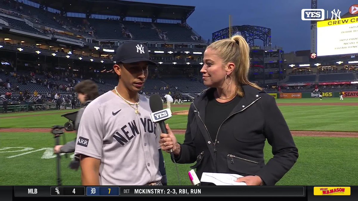 Oswaldo Cabrera with Meredith Marakovits on the field right after his big Friday. #YANKSonYES