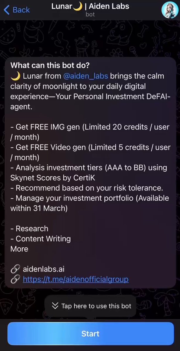 💥💥 LUNAR AI AGENT – YOUR ALL-IN-ONE WEB3 INVESTMENT ASSISTANT : Powered by CertiK, Lunar AI Agent brings together advanced AI, Web3-native tools, and CertiK Skynet-level security – by Aiden Labs | Ai-agent 🌟 CORE FEATURES: 🔹 Live Trading – Trade crypto directly inside the bot (already live) 🔹 Airdrop Hunting – Automatically detect and track token airdrops (coming soon) 🔹 Portfolio Management – Unlocks at TGE, monitor your holdings and performance with ease 🔹 Security Analysis – Integrated with CertiK Skynet for real-time risk insights 🔹 AI Investment Suggestions – Smart recommendations based on market data and security signals ⭐️ BEYOND JUST ANOTHER AI BOT Lunar AI Agent is built to: ✅ Converse naturally like ChatGPT, Claude, or Gemini ✅ Think like an investor, helping you make informed decisions ✅ Create original content (images/videos) you actually own 🔓 EXCLUSIVE BENEFITS FOR $ADN HOLDERS Starting April 7, $ADN holders will get: ✅ Early access to premium features ✅ Ecosystem opportunity alerts ✅ Full access to tools designed to help you invest smarter and safer ➡️ START EXPLORING TODAY: