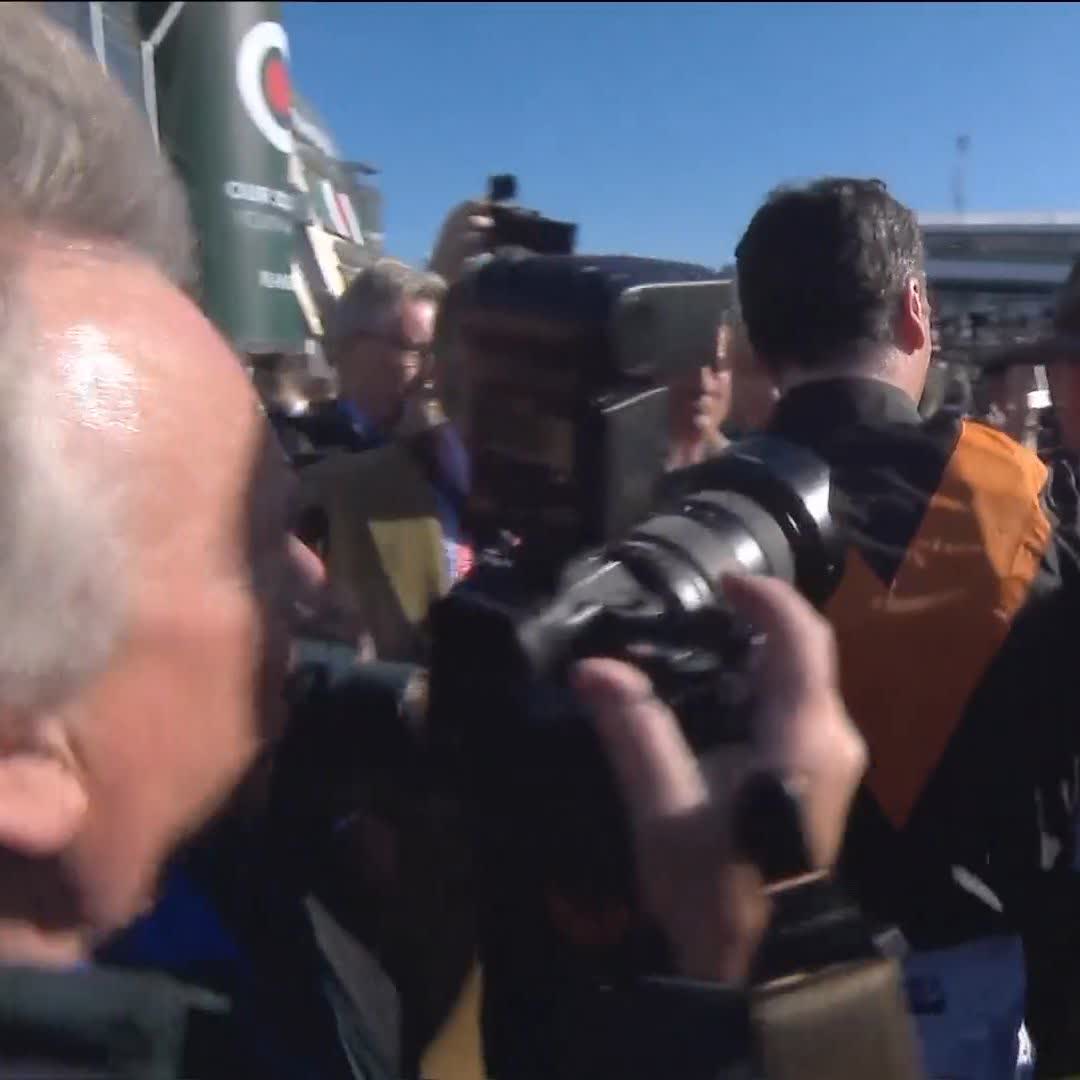 The greatest day of all for Willie Mullins? Trainer father and rider son Patrick embrace after a remarkable Randox Grand National for Closutton