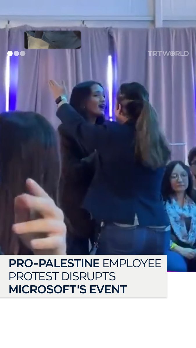 "50,000 Palestinians have been murdered with Microsoft technology" Multiple employee protests disrupted the Microsoft's 50th anniversary celebration at its Washington headquarters targeting the company's support to Israel