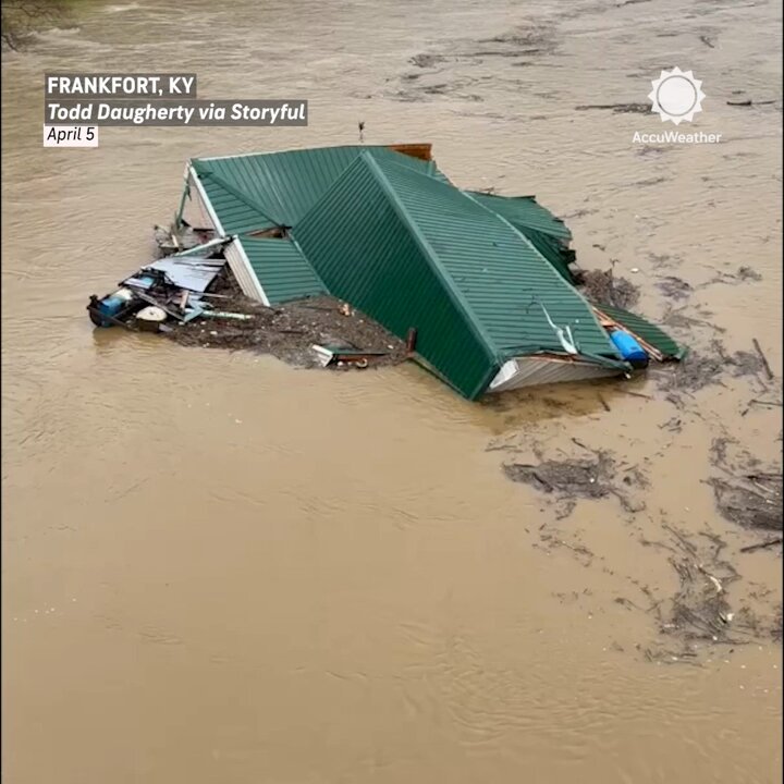 Catastrophic flooding in Franklin County, Kentucky, sent a large building drifting down the river as deadly conditions persist.