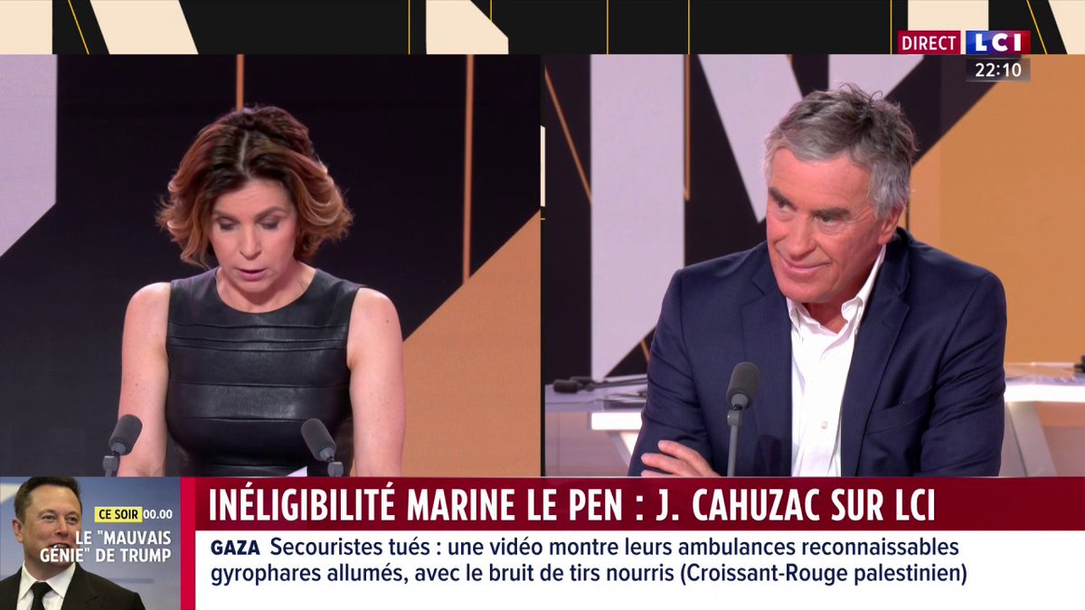 Marine Le Pen souhaitait qu'"un responsable politique compromis dans des délits financiers" soit "inéligible à vie", lance Jérôme Cahuzac, évoquant sa propre condamnation. "Elle doit se réjouir que sa suggestion de l'époque n'ait pas été suivie des faits." ▶️ avec ANNE NIVAT