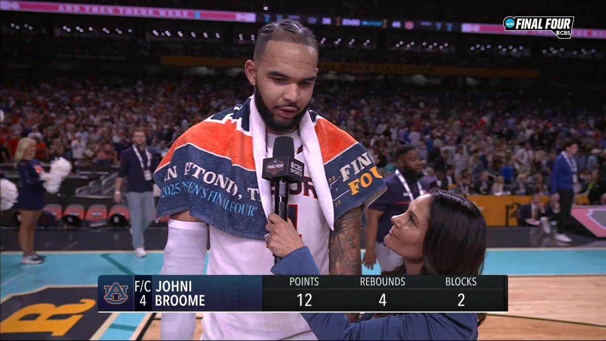 Johni Broome powered his way to 12 points in the first half for Auburn Basketball. He joins Tracy Wolfson at halftime.