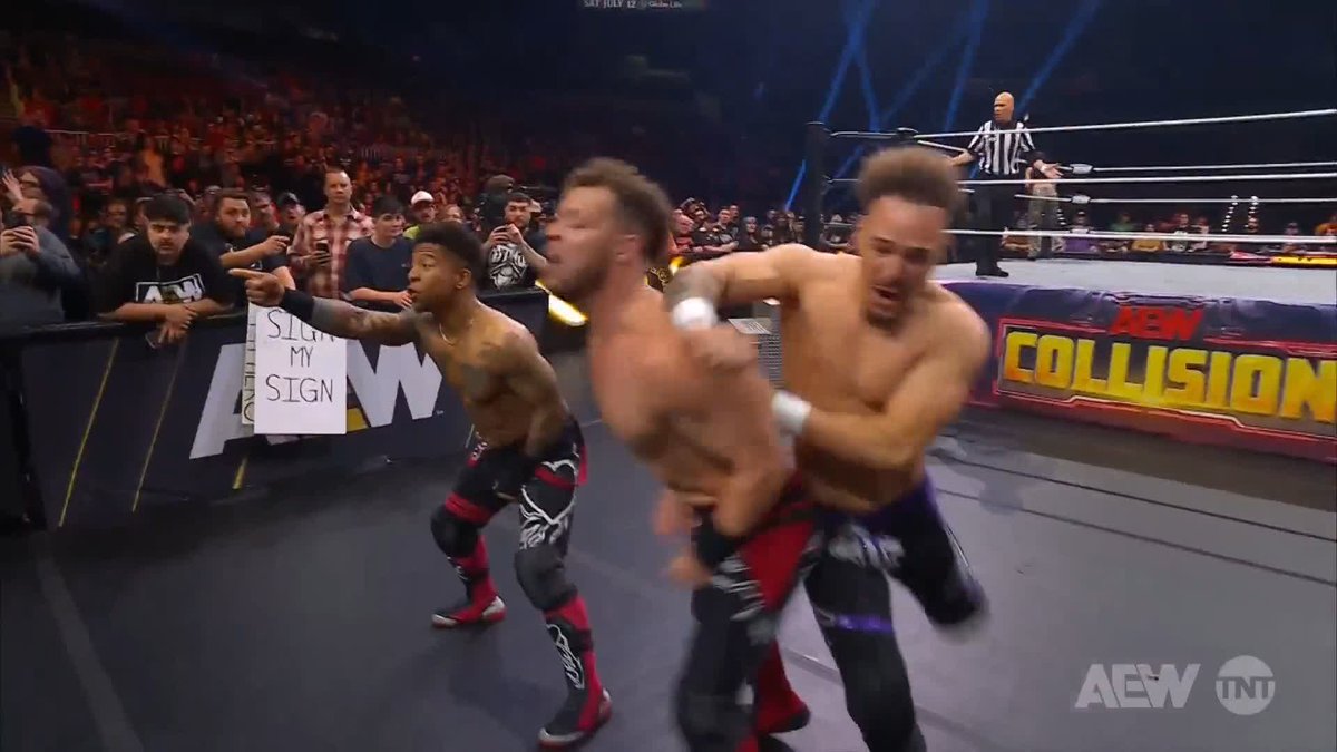 Using Leila Grey as a distraction, Top Flight flies in from no where! And this bad blood war is ON! Watch #AEWCollision on TNT + Max Action Andretti | Lio Rush 🖤 | Darius Martin | Dante Martin | Leila Grey