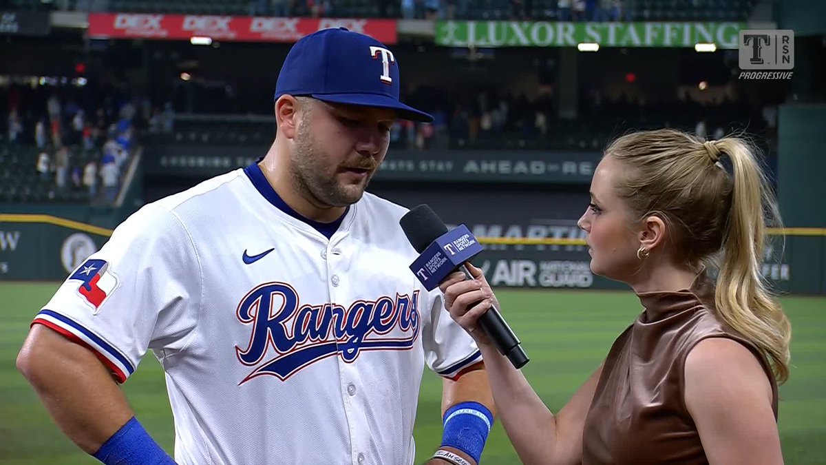 "Let's talk about Wyatt Langford, you know? That game-winning home run there. He's a killer in the box and fun to be around." Jake Burger preferred to talk about his Texas Rangers teammate over his own home run in his postgame chat with Laura Stickells 🙌