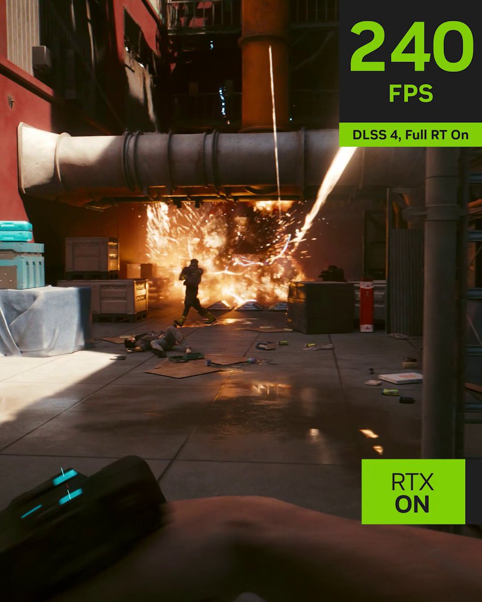 Jouez à Cyberpunk 2077 Ultimate Edition avec #RTXOn 🌆 Le DLSS 4 avec la Génération Multi-Images multiplie le taux de rafraichissement x9 en 4K avec le Ray Tracing : Overdrive Mode activé et les paramètres au maximum !