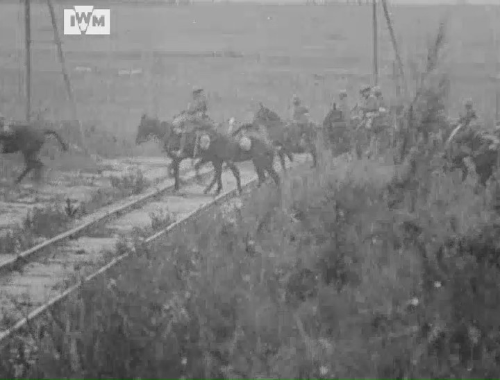 Men of the 13th Light Horse Regiment filmed on the Western Front during the Battle of Amiens, 8 August 1918. Film: IWM 286