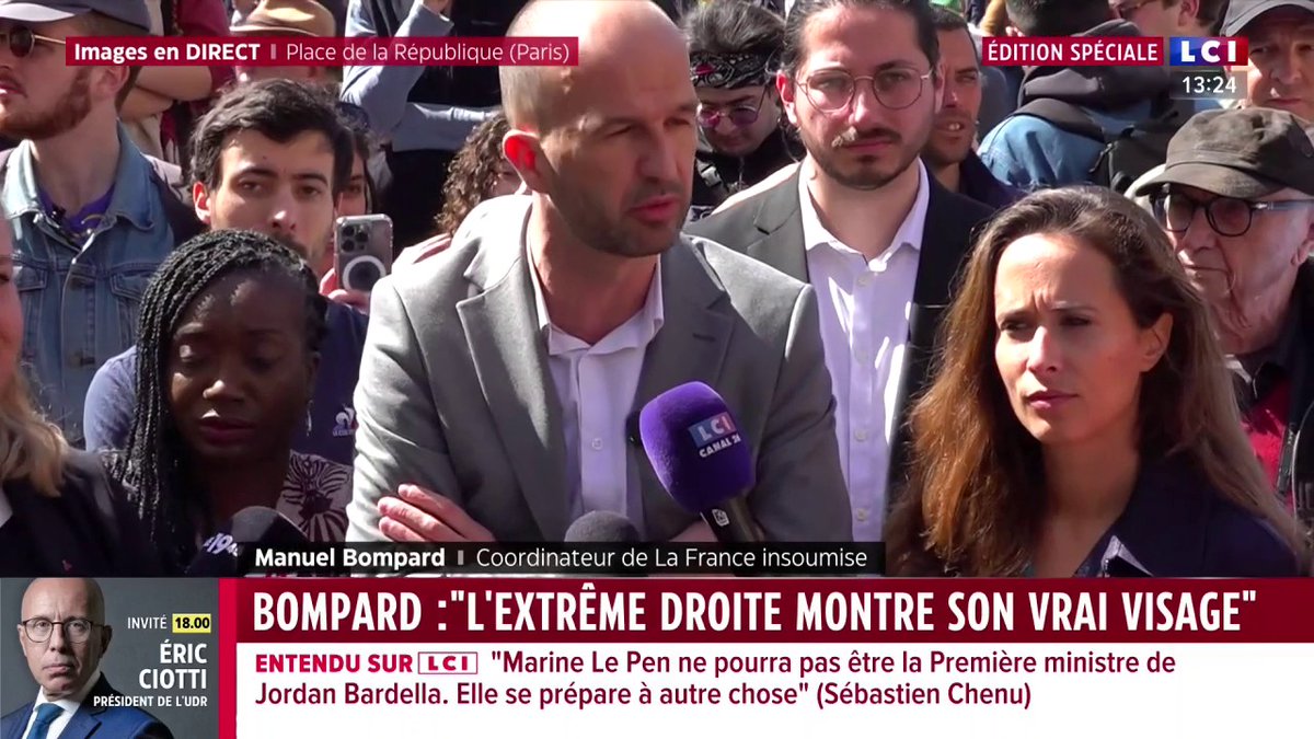 🔴 Meeting contre le RN 🗣️ Manuel Bompard (Manuel Bompard), coordinateur de LFI : "Que le PS manque à la bataille contre l'extrême droite, malheureusement ce n'est pas la première fois."