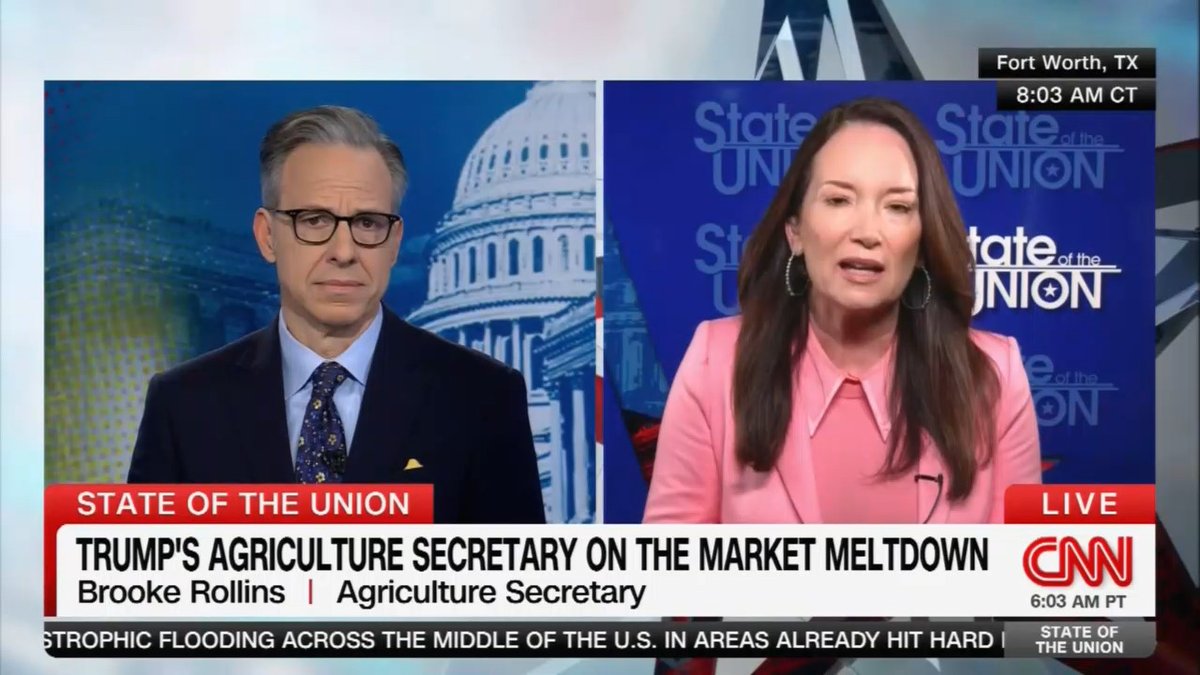 Secretary of Agriculture Brooke Rollins: “Everyone, especially on your side, on the left, is freaking out.” @JakeTapper: “I’m not on the left.” Rollins: “All right, Jake, thank you.” #CNNSOTU