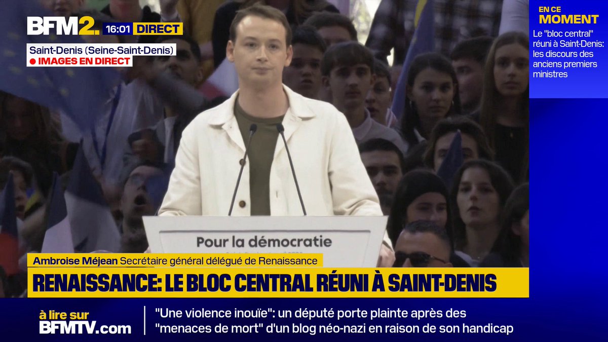 💬"Nous ne soutiendrons jamais un candidat qui remet en cause l'État de Droit ou le droit du sol" Ambroise Méjean, secrétaire général délégué de Renaissance, au meeting du parti à Saint-Denis