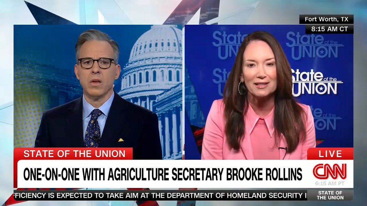 Responding to GOP concerns that tariffs will devastate farmers, Secretary Brooke Rollins tells Jake Tapper 🦅 Trump is “very focused on this” and says, “We will make sure that we have the funds… to mitigate some of the fallout.”