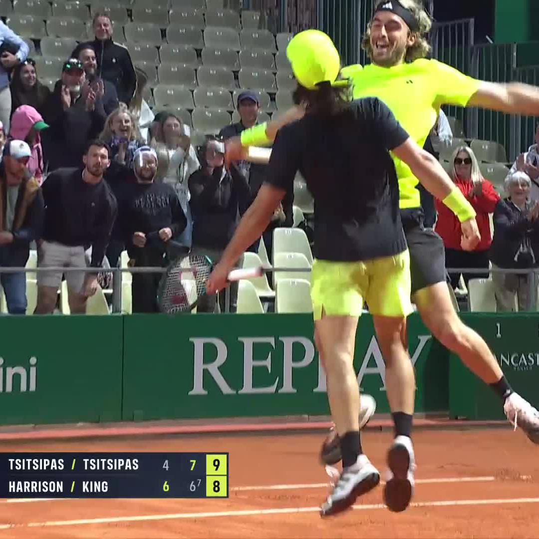Victory vibes with a bro-bump 😉 Tsitsipas brothers save TWO match points and defeat King/Harrison 6-4 6-7 10-8 #RolexMonteCarloMasters