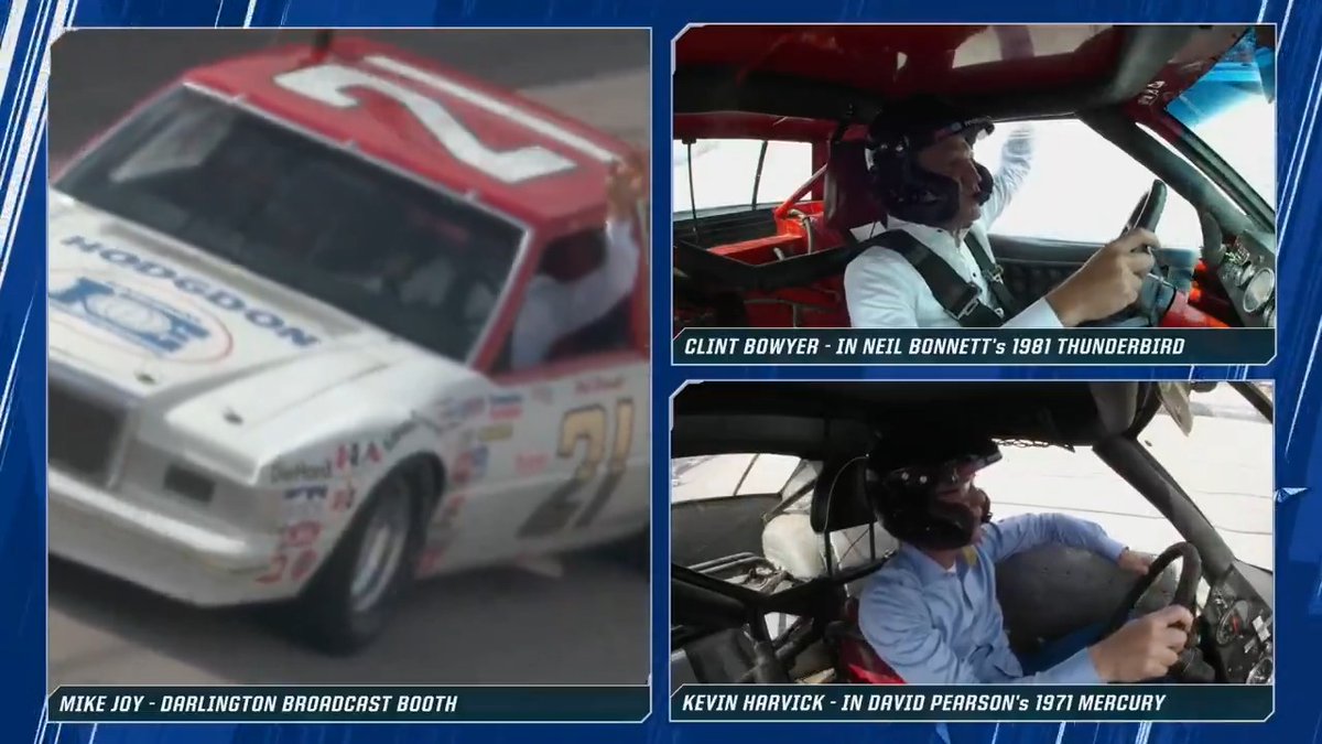 TALK ABOUT A #NASCARTHROWBACK. Kevin Harvick and Clint Bowyer are back behind the wheel for a couple of laps at Darlington in two iconic Wood Brothers Racing hot rods!