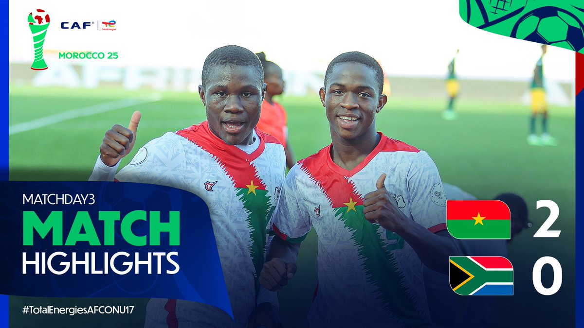 📹 HIGHLIGHTS: 🇧🇫 2-0 🇿🇦 Burkina Faso keep their perfect start going as they beat South Africa to make it 3 wins out of 3. ✅ #BFARSA | #TotalEnergiesAFCONU17