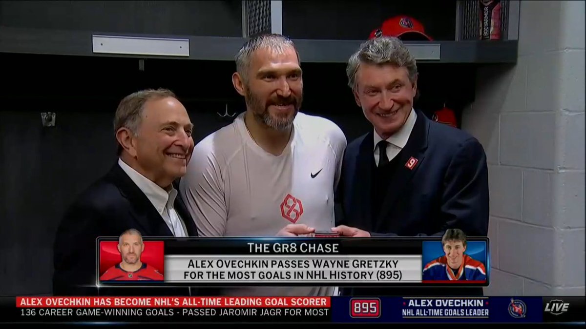 "It's an emotional, special moment." Kathryn Tappen & Cory Schneider caught up with NHL Commissioner Gary Bettman after Alexander Ovechkin's historic performance. #Gr8Chase | #ALLCAPS