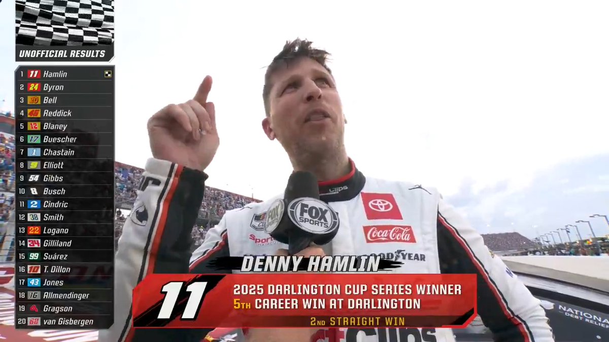 Denny Hamlin really loves his pit crew and Kyle Larson right now. Driver No. 11 talks with Regan Smith after his Darlington victory. #NASCARonFS1