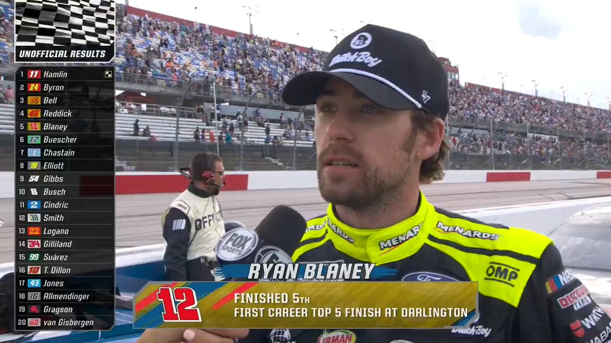 Ryan Blaney: "I thought we had the race won ... Just wasn't meant to be." #NASCARonFS1