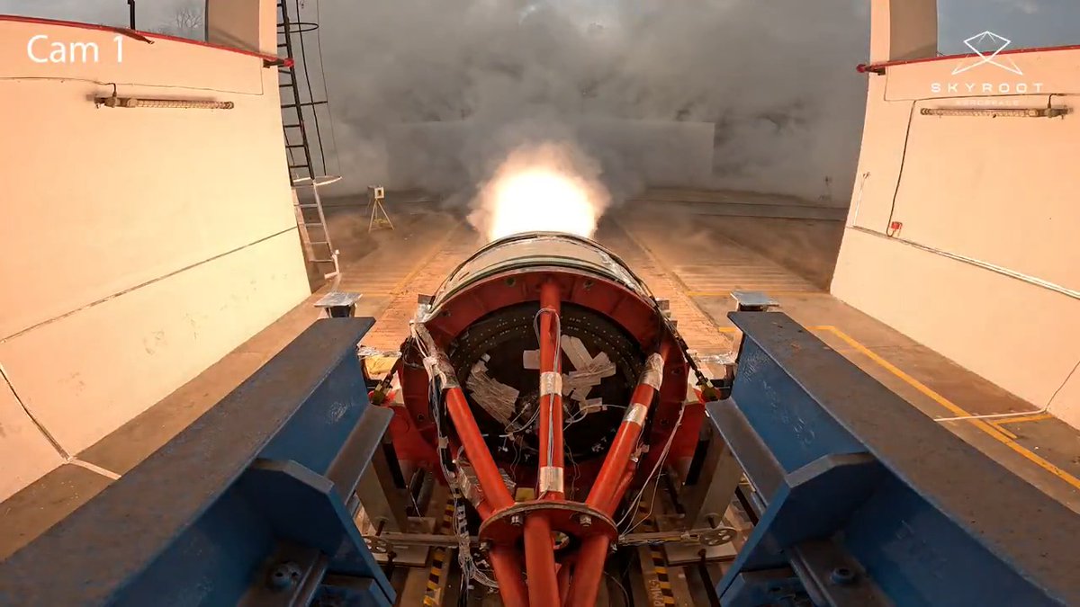 🔥 Skyroot's Vikram-1 Mission Milestone: Kalam-100 Static Fire Test A Success! 🚀 The third stage of our Vikram-1 launch vehicle, Kalam-100 roared to life for over 102-seconds – equipped with an advanced flex nozzle for precise thrust vector control. The latest test builds on the success of the previous fixed-nozzle static fire test. Kalam-100 generates a peak vacuum thrust of 100kN at an operating area ratio of 60 in flight. This is a success engineered by many – people and computers: * Our passionate teams at Skyroot * In-house developed Automatic Launch Computer and a suite of Vikram-1 flight avionics, including our Mission Computer, to emulate flight conditions and test as we fly * Cutting-edge sensors to capture 150+ data channels * And invaluable partners at Solar Group who provided both casting and test bed support One giant leap toward orbit!