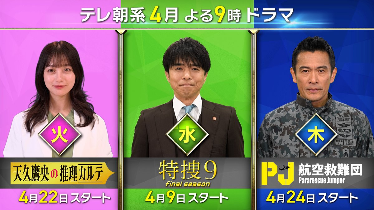 / 📢テレ朝系 4月 よる9時ドラマ🍀 \ 🌸【火】よる9時 4/22スタート! 『#天久鷹央の推理カルテ』 (『天久鷹央の推理カルテ』火曜よる9時【公式】) 🌸【水】よる9時 4/9スタート! 『#特捜9 final season』 (【公式】特捜9) 🌸【木】よる9時 4/24スタート! 『#PJ ~航空救難団~』 (木曜ドラマ『PJ ~航空救難団~』【テレビ朝日公式】) 詳細は動画をタップ⬇️