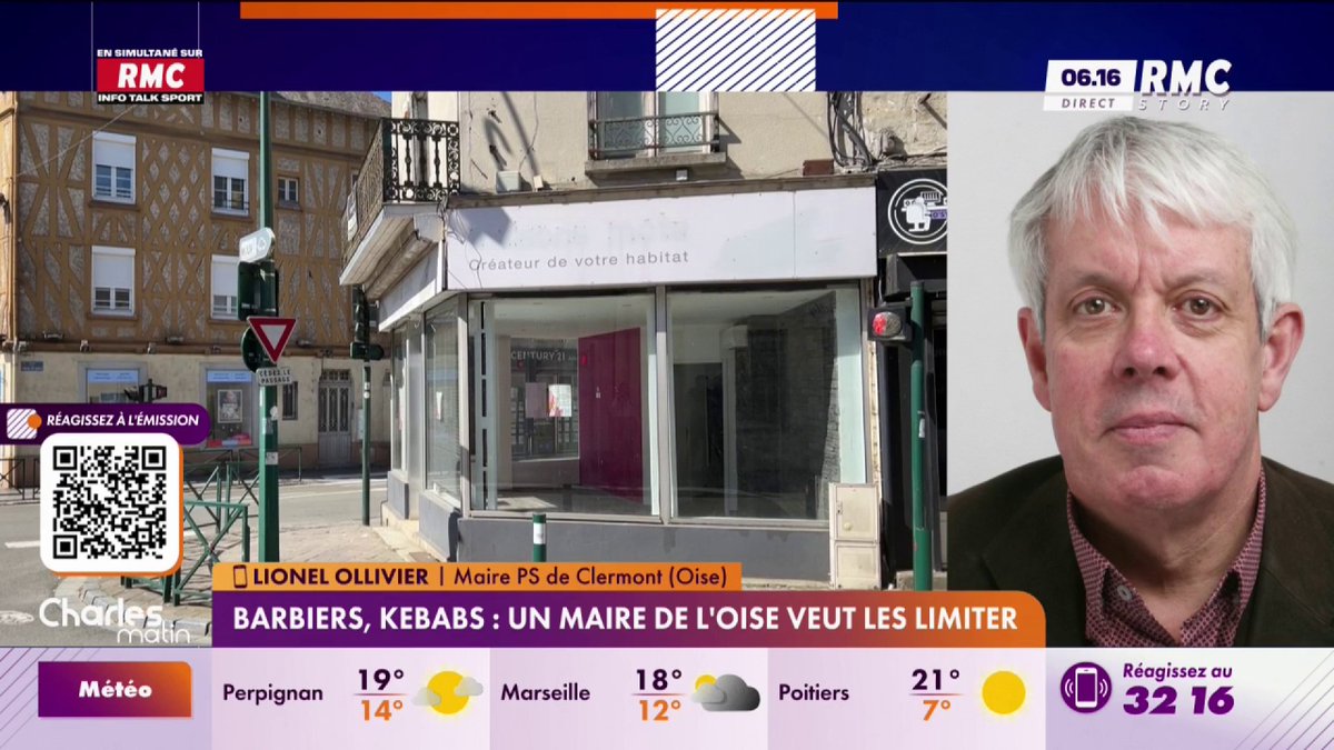 💬 "J'ai 5 barber shops pour 10 000 habitants et 5 kebabs [...] Pas sûr que ce soit viable au niveau économique." Lionel Ollivier, maire (PS) de Clermont dans l'Oise #CharlesMatin